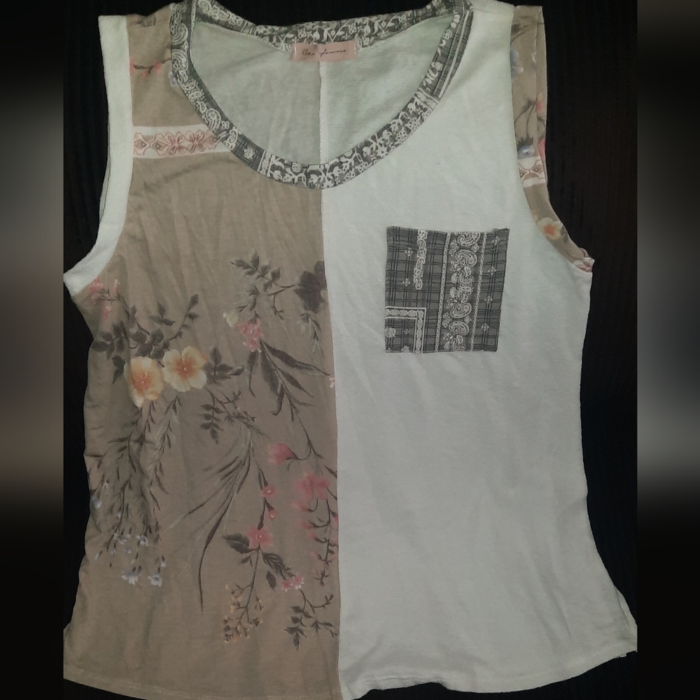 Ces Femme Floral Patchwork Tank Top - Cream and White